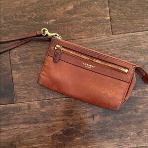 Coach Tan Leather Wristlet with Gold Accents